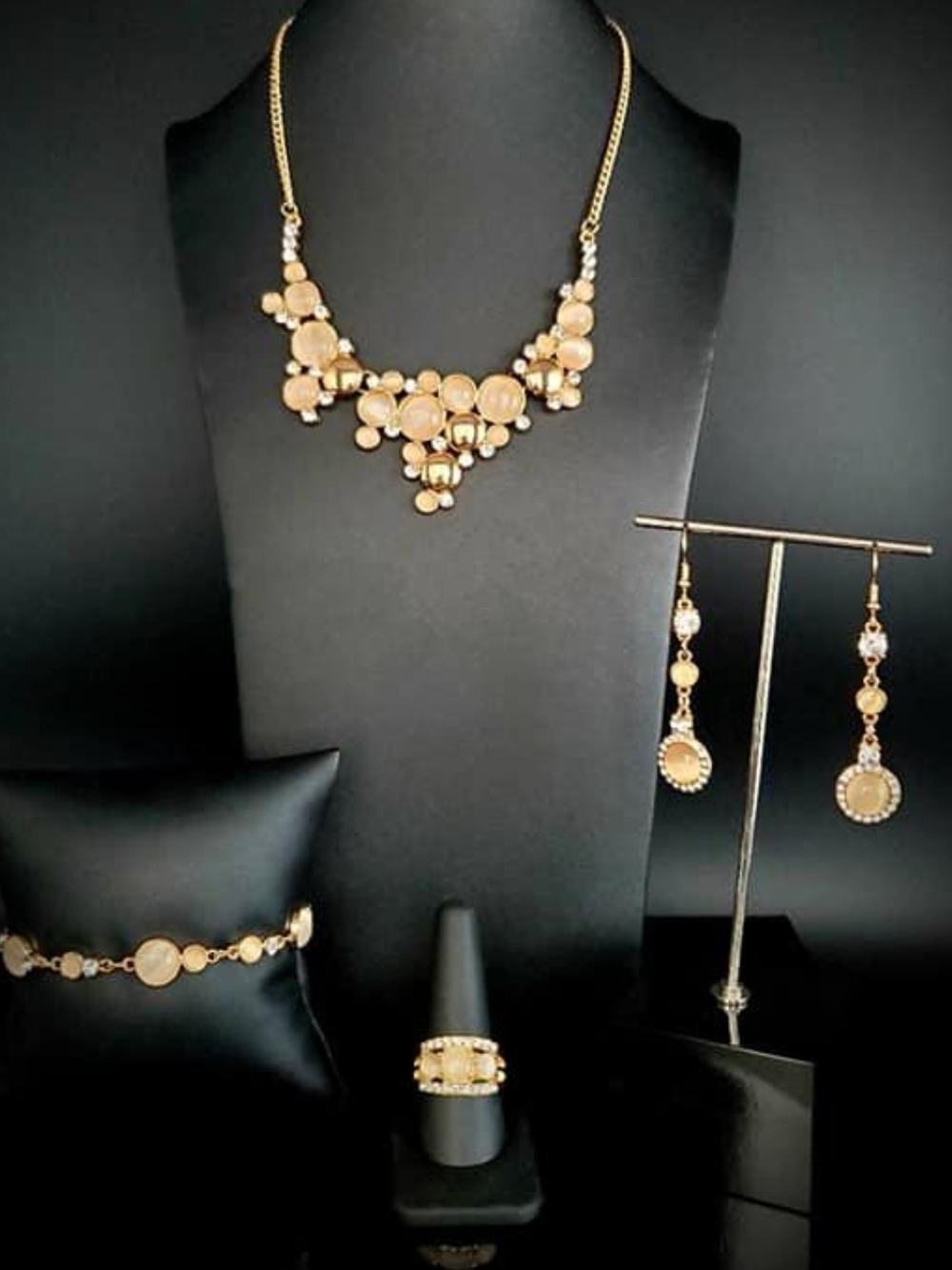 Gold Necklace Bracelet Earrings And Ring Set With Moonstones And Rhinestones